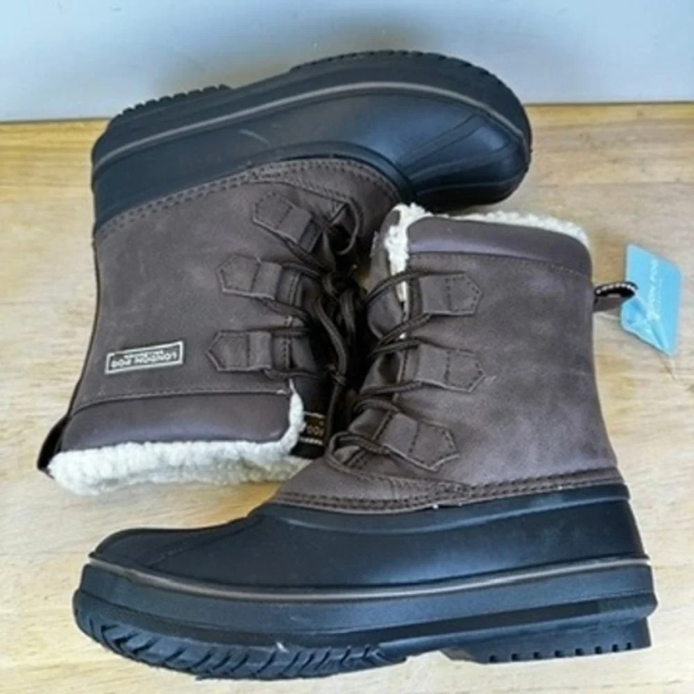 London Fog Cheshire Duck Boots Kids Size 1 Brown Black Faux Fur Trim Winter Snow